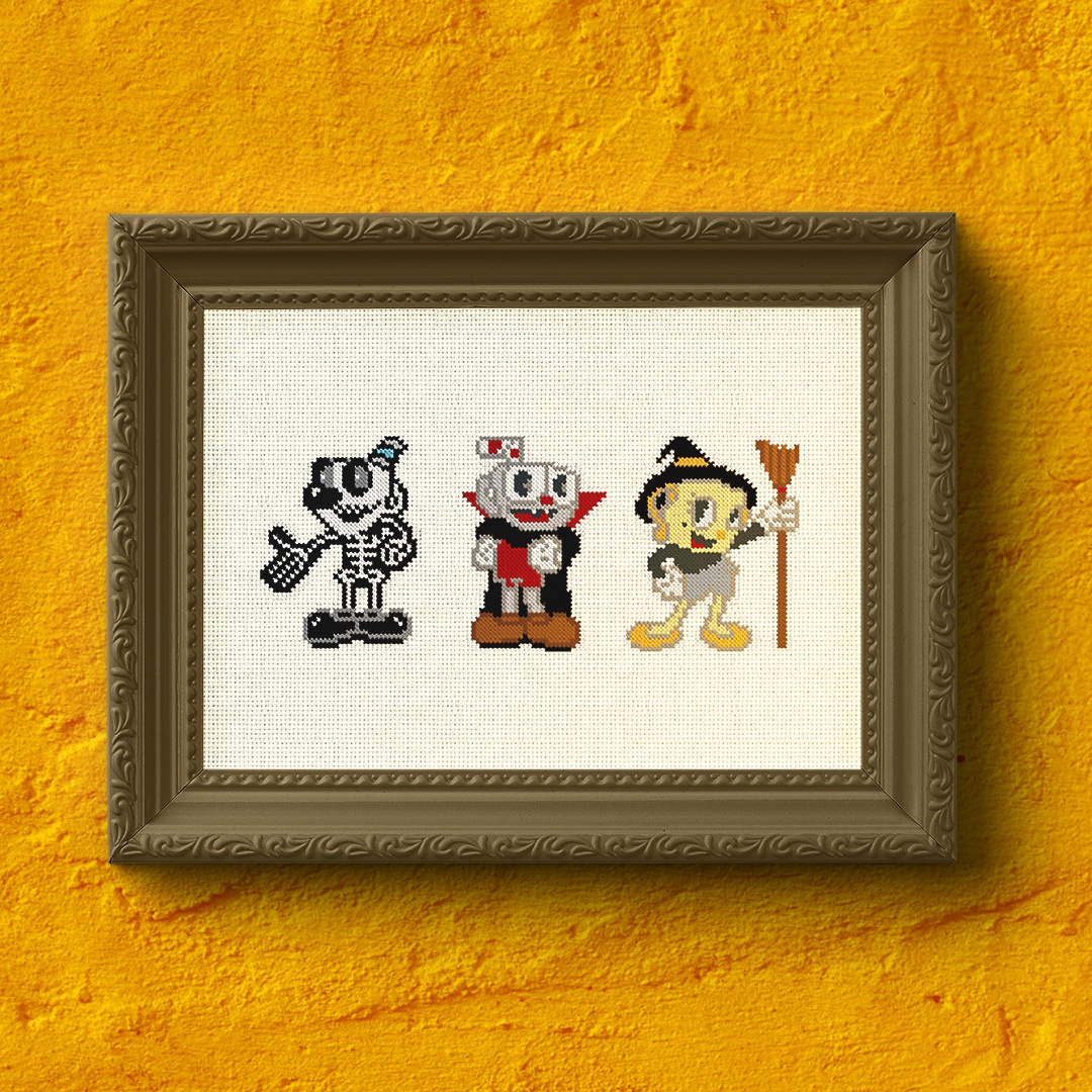 supermworkshop's tweet image. #Cuphead #Halloween Trio #crossstitch pattern is on sale in my Etsy shop now! etsy.me/30WS0Go