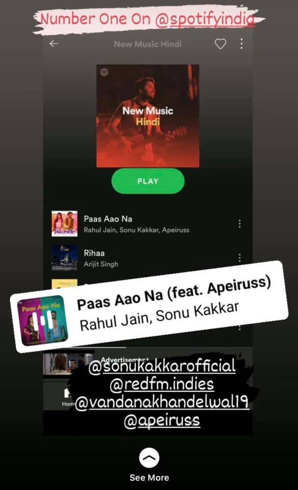 Apeiruss's tweet photo. I’m so happy and excited to share that “Paas Aao Na” is number 1 on Spotify Playlist of New Music Hindi today.

Rahul Jain x Sonu Kakkar
Music by @Apeiruss 

Official music video coming today!

#PaasAaoNa #SonuKakkar #RahulJain #Apeiruss https://t.co/k9Ag0jGN1I