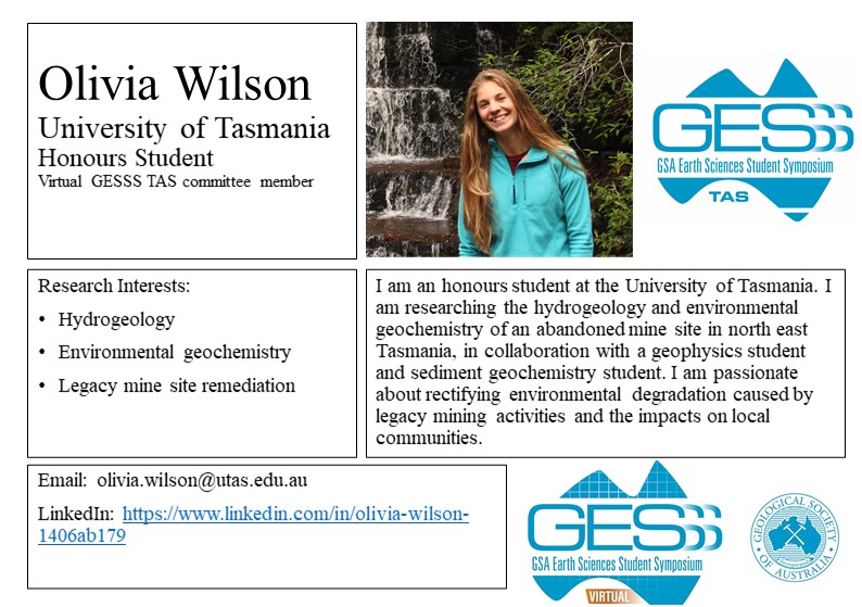 GesssTas's tweet photo. Our next presenter's are Honour's students Olivia and Wei! Presenting their talk on "An Enduring Problem: A multidisciplinary approach to characterise acid and metalliferous drainage at Endurance Mine, NE Tasmania"
Virtual GESSS-TAS is TOMORROW 5:00-7:30 pm AEDT 🎉
#VirtualGESSS https://t.co/OjwyIrvCxv