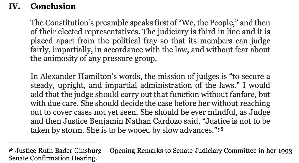 INTERESTING: judge closes this 147-page opinion with a quote from Justice Ginsburg& #39;s Opening Statement at her confirmation hearing--on the eve of the confirmation hearing for Ginsburg& #39;s replacement.