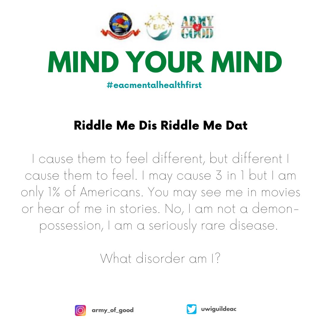 uwiguildeac's tweet photo. It’s DAY ONE of Mental Health Week!!! 🎉🎉🎉

Here’s the final challenge for “Mind Your Mind Sunday”!!! Can you guess this riddle? Retweet your guess with #EACMentalHealthFirst Good luck!💚

#OneArmyNuffGood #GuildEAC2020 https://t.co/AXZTbOV7BB