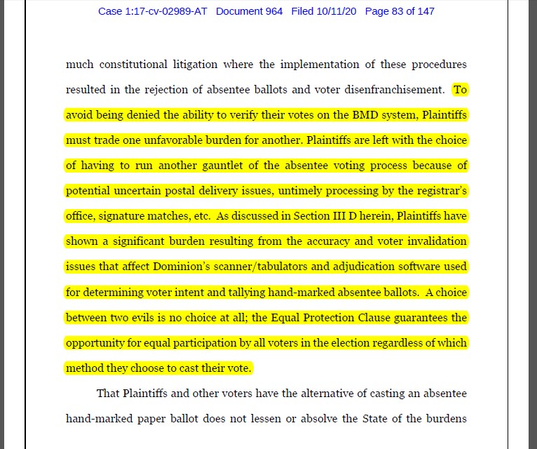 Judge Totenberg finally ruled on  @CoalitionGoodGv's lawsuit (which first outlawed the old GA electronic voting system as unconstitutional) re: the preliminary injunction on new voting machines.Disappointed but not surprised at ruling: it's too close to Nov. 3.Some great quotes: