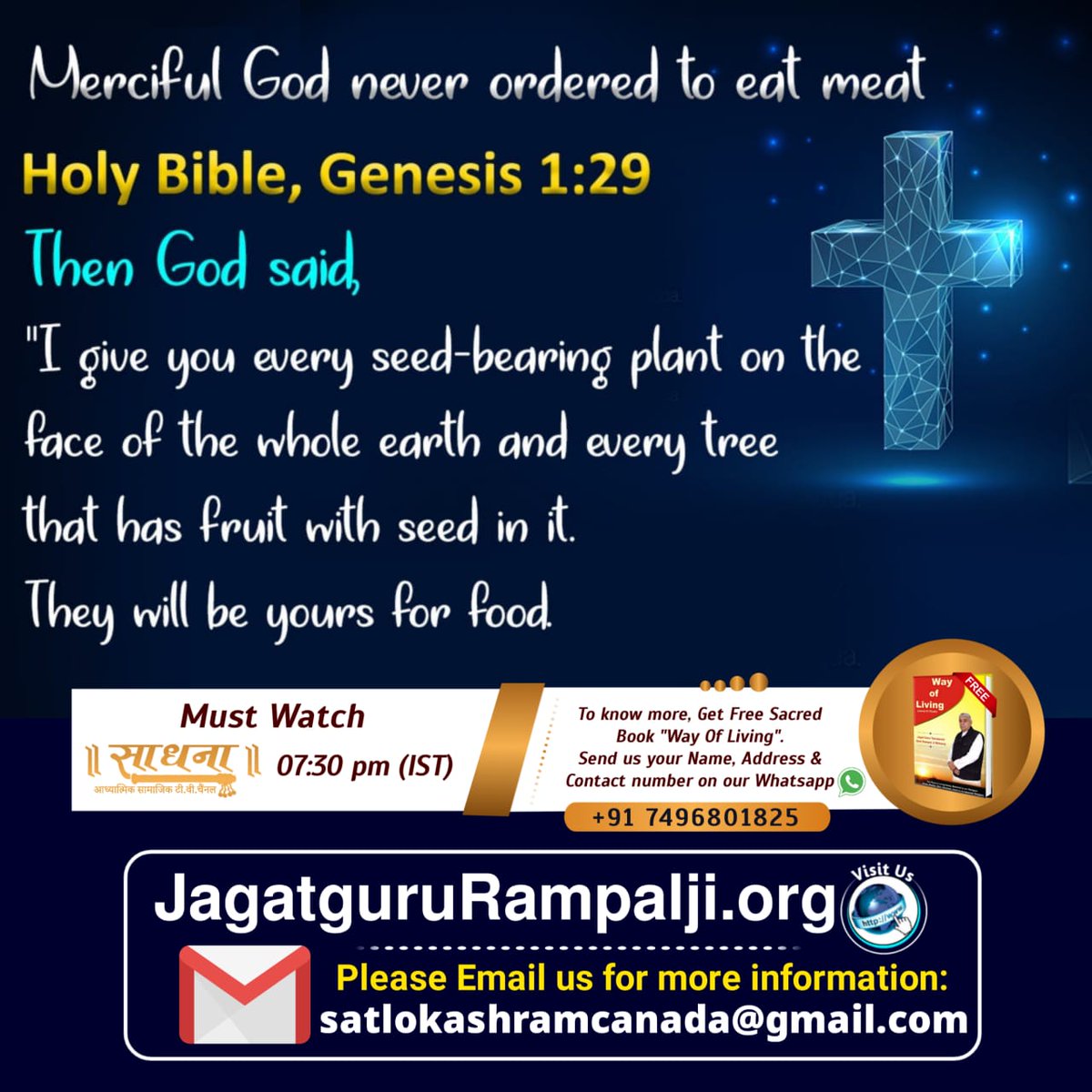 TomarSk1's tweet photo. @stephen_taylor Holy Bible, Genesis 1:29

Then God said, "I give you every seed-bearing plant on the face of the whole earth and every tree that has fruit with seed in it. They will be yours for food.

God ordered to be vegetarian.
- Saint Rampal Ji Maharaj https://t.co/bj3s4Uh8Il