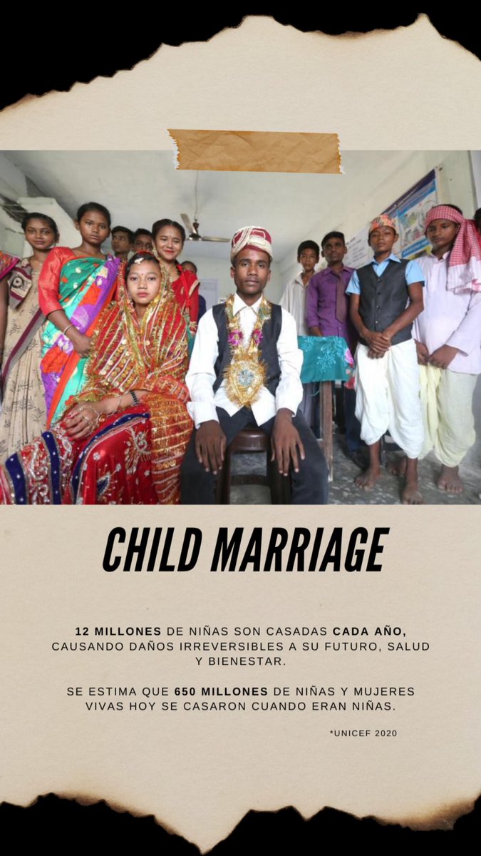2. MATRIMONIO INFANTIL12 millones de niñas son casadas cada año, causando daños irreversibles a su futuro, salud y bienestar.Se stima que 650 millones de niñas y mujeres vivas hoy se casaron cuando eran niñas.(Unicef, 2020)