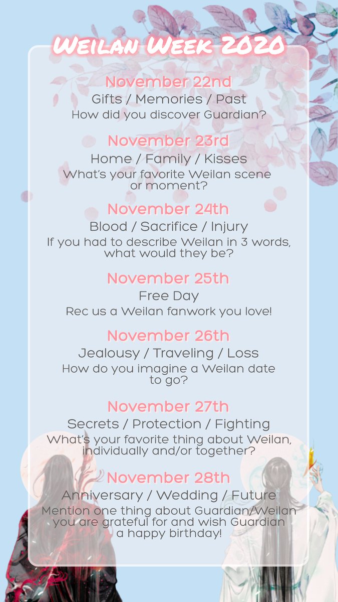 Weilan Week is back! Let's celebrate the 8th anniversary of the Guardian novel by showing our love for Weilan! #WeilanWeek2020 is happening November 22nd-28th, 2020.For our guidelines and more info, visit:  http://weilanweek.carrd.co  #镇魂  #巍澜  #zhenhun  #weilan  #진혼  #웨이란