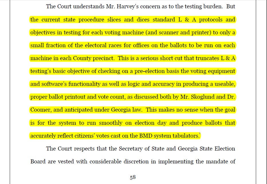 Judge Totenberg on Logic and Accuracy Testing as performed by counties AS DIRECTED BY THE STATE - and as reported on by observations by  @CoalitionGoodGv observers: