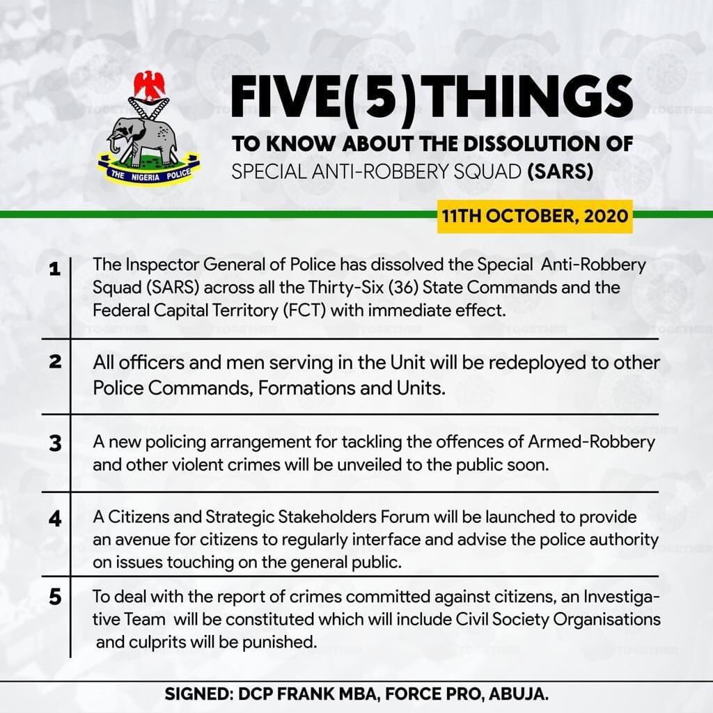 We asked you to demand for  #ReformSARSNow  #ReformPoliceNG you said NO, it must be  #EndSarsNow and the President must act: he then asked the IG to dissolve SARS immediately and that was done,that was done less than 24 hours ago,every other things that you demanded was addressed