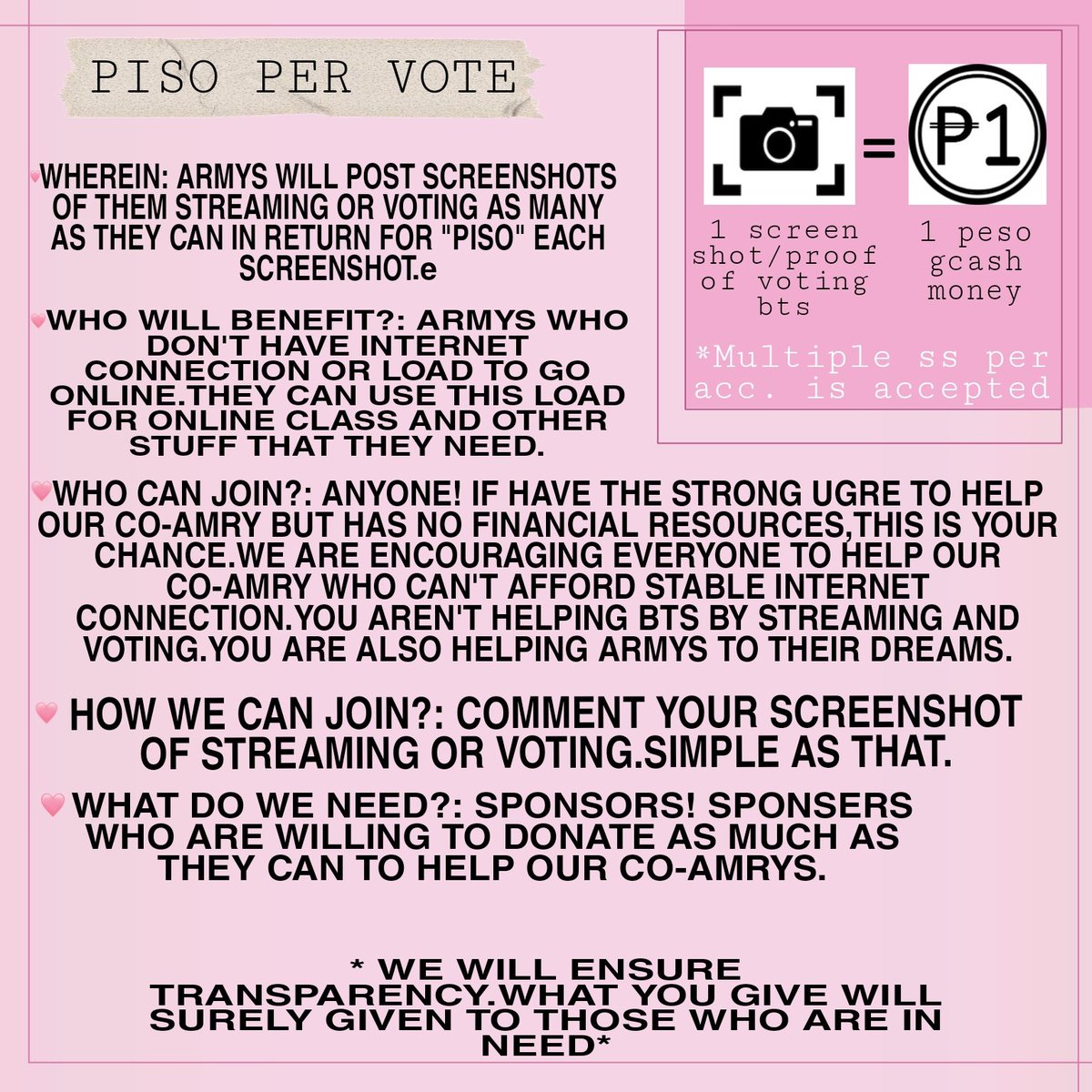 _jhopea's tweet photo. We are looking for Resources(sponsor)
The ARMY fandom is known for it's charitable acts and we believe that we too, can do charitable deeds. Which is why we came up with "Piso kada BOTO (o streams)" to help our co-armys who are in need of financial help for online class.Details⬇️ https://t.co/drK5EW4qlw