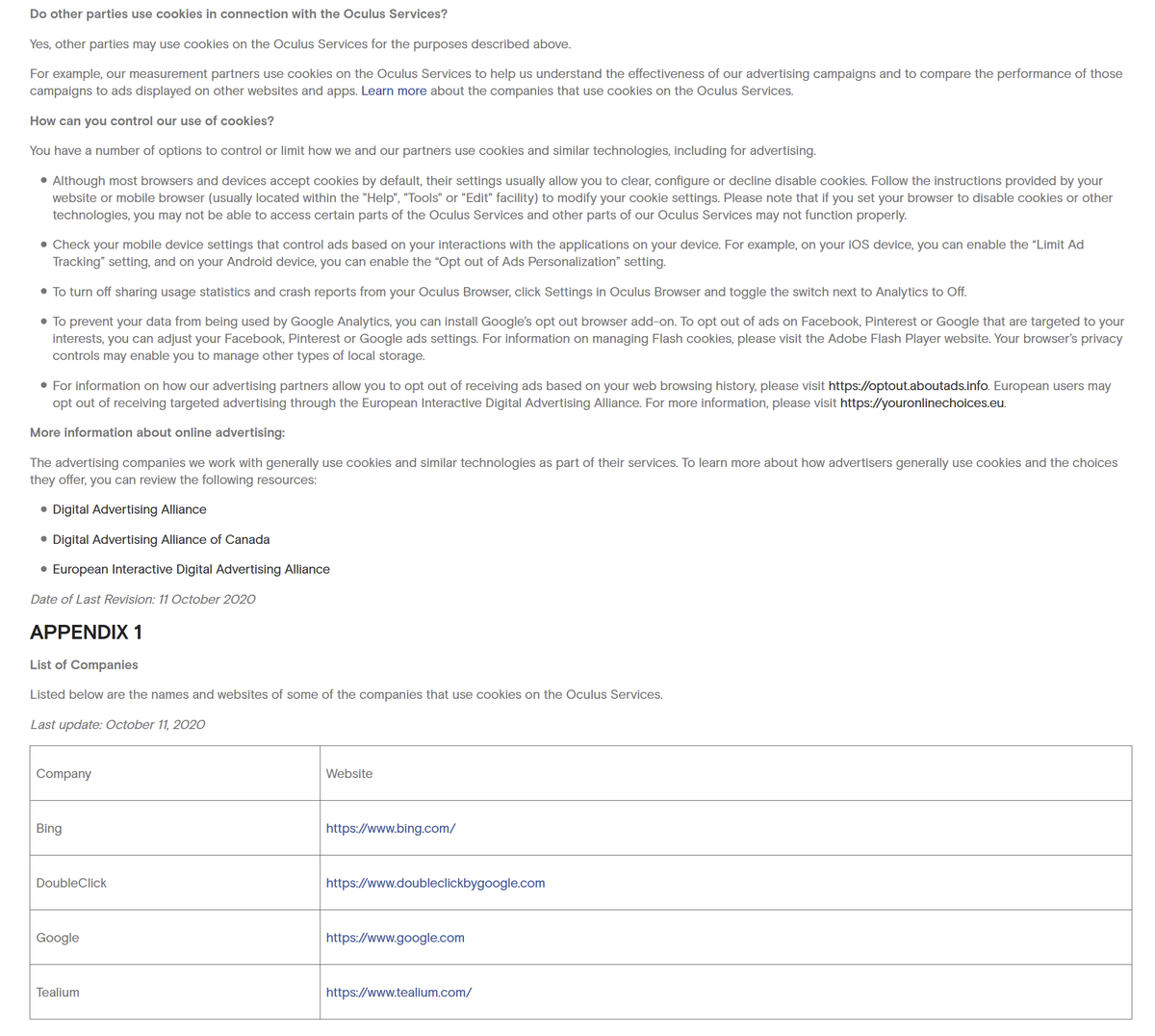 Oct 11: There& #39;s a new Oculus Cookie Policy for "Oculus websites, Oculus Browser or Oculus mobile apps (“Oculus Services”)." [OLD] Cookies, Pixels, & Other Technologies https://web.archive.org/web/20201... Oculus Cookie Policy [now used for ad campaigns.] https://www.oculus.com/legal/coo...