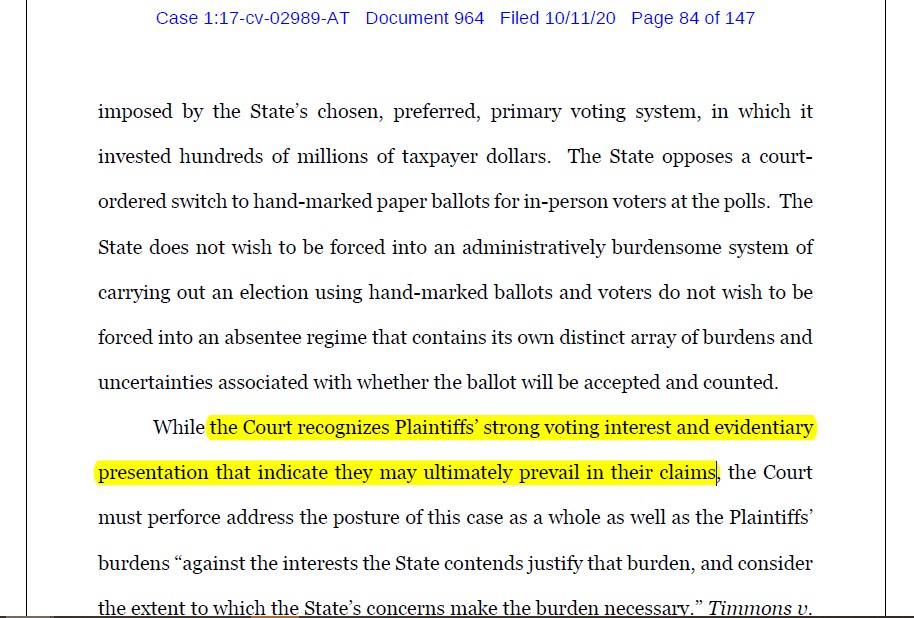 So, it reads that Judge Totenberg's overall thought is that:"the Court recognizes Plaintiffs’ strong voting interest and evidentiary presentation that indicate they may ultimately prevail in their claims"... but just not now.