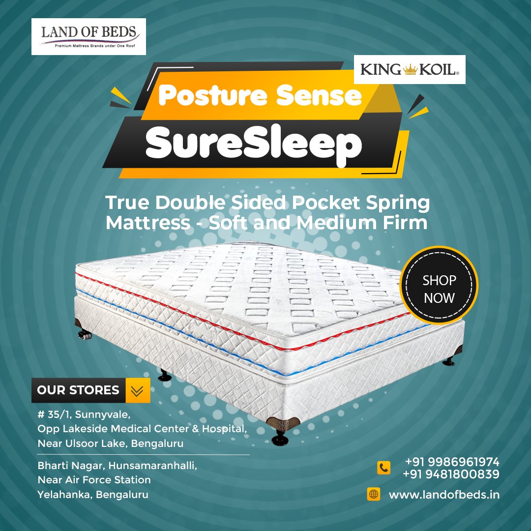 Posture Sense SureSleep from #Kingkoil
True Double Sided Pocket Spring Mattress - Soft and Medium Firm

#Landofbeds #Sleepessentials #Mattressstore #Mattressdealers #Kingkoilbangalore #SleepBetterWithKingKoil #LuxuryMattress #luxurylifestyle #luxuryinteriors