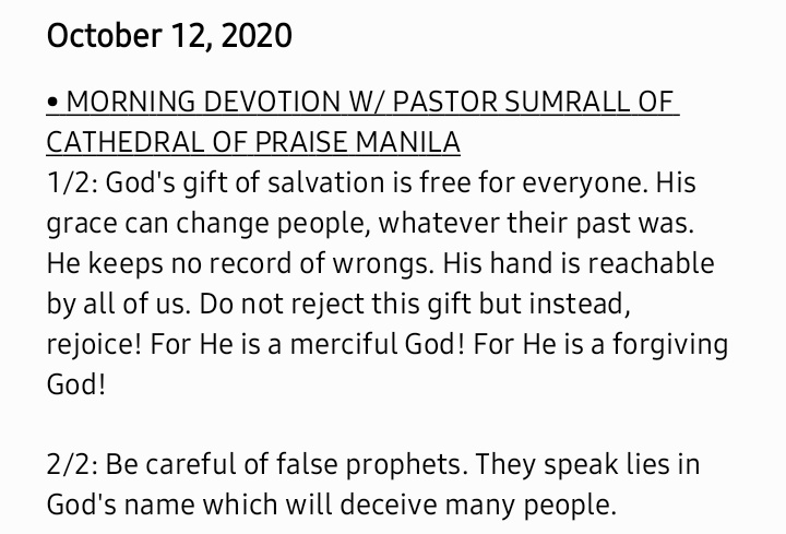 OCTOBER 12 MORNING DEVOTION:  https://www.facebook.com/cop.pastor/videos/716391462285117/