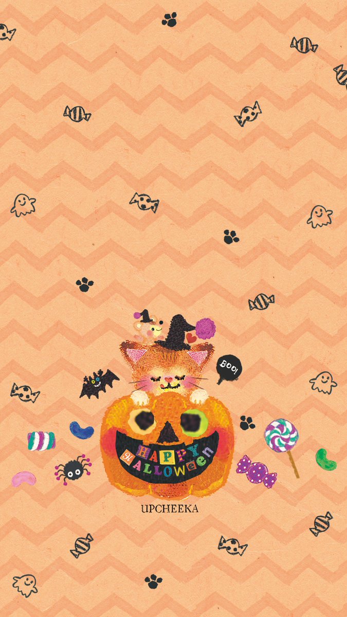 upcheeka's tweet photo. 待ち受けのイラスト描きしました。
ロック画面とホーム画面に自由に待ち受けにお使いください。
ねこちゃんはハロウィンパーティーの準備中。
くもさんもおおいそがしでかけつけてくれました。
アプチェカハロウィンです。

※個人的での利用の範囲でご利用ください

#HappyHalloween 　#待ち受け画像 https://t.co/aizUycrgU0