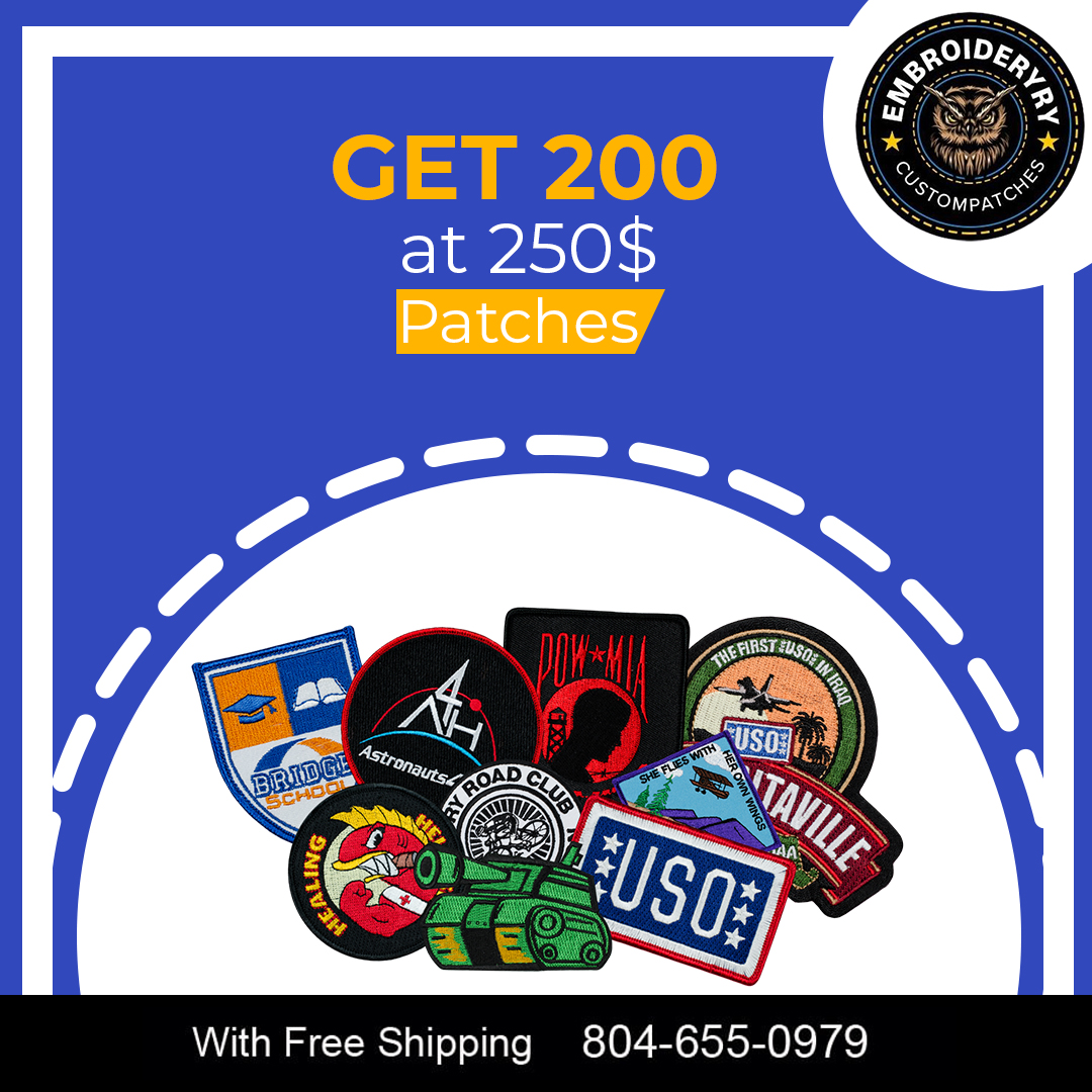 We Help Customers SAVE MONEY by Producing High-Quality & Low-Priced Embroidered Patches in No Time! 
Contact Us Now: 804-655-0979
#custompatches #customembroideredpatches #customirononpatches #cheapcustompatches #customvelcropatches #embroiderypatchesonline #custombikerpatches