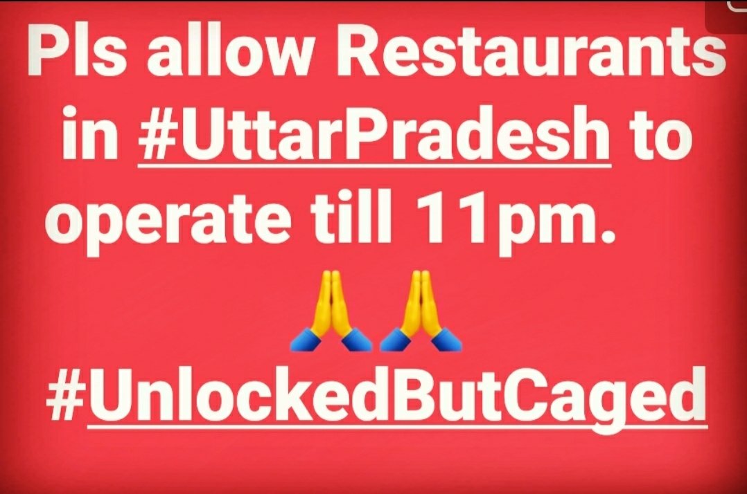 VARUN KHERA (@varunkhera22) on Twitter photo On behalf of the entire F&B sector, <a href="/NRAI_India/">NRAI</a> sincerely requests restoration of operating hours of Restaurants in #UttarPradesh till 11pm We need this NOW & we need this for our SURVIVAL🙏
Pls help <a href="/CMOfficeUP/">CM Office, GoUP</a> <a href="/ChiefSecyUP/">Chief Secretary, GoUP</a> <a href="/UPGovt/">Government of UP</a> <a href="/myogiadityanath/">Yogi Adityanath</a>
#WeNeedHelp #UnlockedButCaged On behalf of the entire F&B sector, <a href="/NRAI_India/">NRAI</a> sincerely requests restoration of operating hours of Restaurants in #UttarPradesh till 11pm We need this NOW & we need this for our SURVIVAL🙏
Pls help <a href="/CMOfficeUP/">CM Office, GoUP</a> <a href="/ChiefSecyUP/">Chief Secretary, GoUP</a> <a href="/UPGovt/">Government of UP</a> <a href="/myogiadityanath/">Yogi Adityanath</a>
#WeNeedHelp #UnlockedButCaged