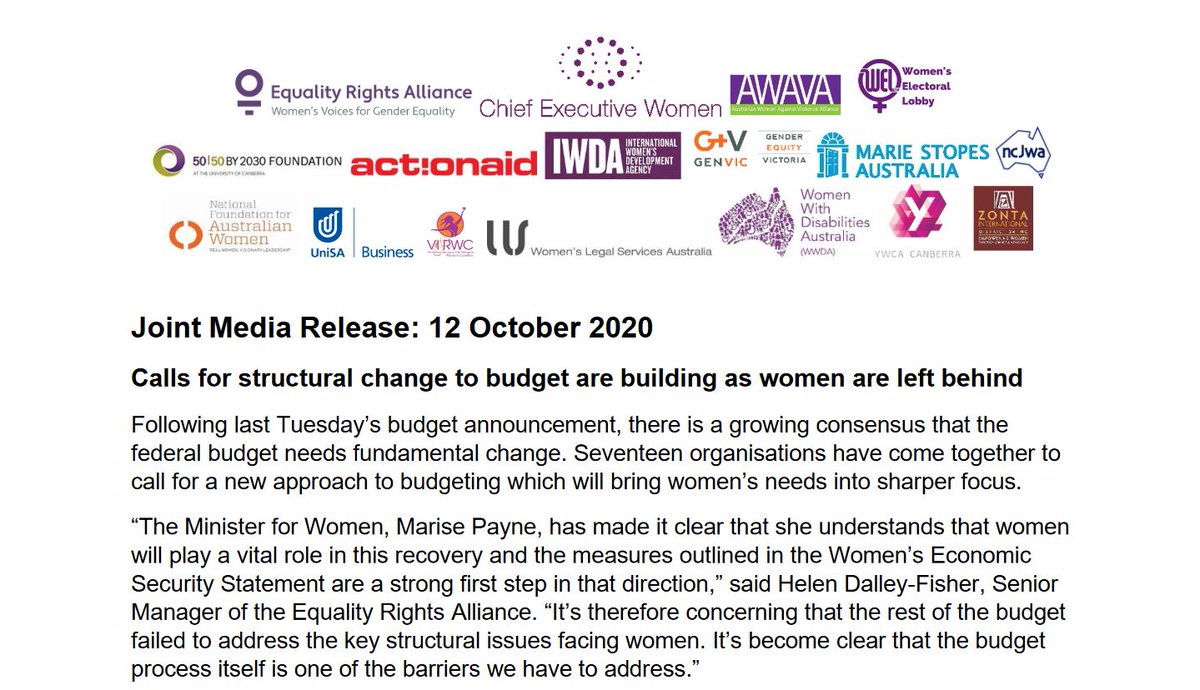 'Following last Tuesday’s budget announcement, there is a growing consensus that the federal budget needs fundamental change.' Today 17 orgs came together calling for a sharper focus on women's needs. 

Download the media release here: equalityrightsalliance.org.au/wp-content/upl…. 

#CredibleWomen.