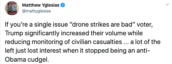 There's much to say about this, but let me start with this: single issue "drone strikes are bad" voters don't exist, with the possible exception of editorial positions at certain legacy publications. It's a lazy stand-in for people frustrated with endless US violence abroad