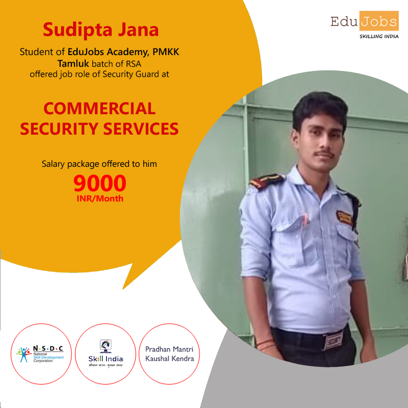 EdujobsAcademy's tweet photo. Sudipta Jana, Student of EduJobs Academy, PMKK Tamluk batch of RSA offered job role of Security Guard at COMMERCIAL SECURITY SERVICES
#Skill4NewIndia
@DrMNPandeyMP @RajKSinghIndia @NSDCINDIA @PMOIndia @MSDESkillIndia @PMKVY_INDIA @JayantKrishnaIN @Gaurav__Kapoor @rsbiky https://t.co/lSP3GESDXA