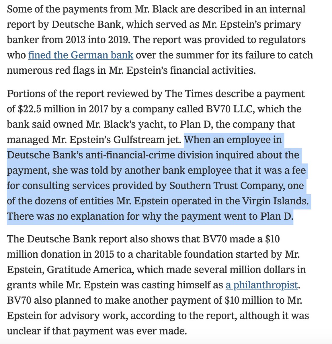 @DeutscheBank found that Epstein's bank accounts received transfers tens of millions of dollars from LLCs controlled by Black – even after the bank's anti-financial crime officers raised questions about the transactions.We reviewed portions of Deutsche's internal report.