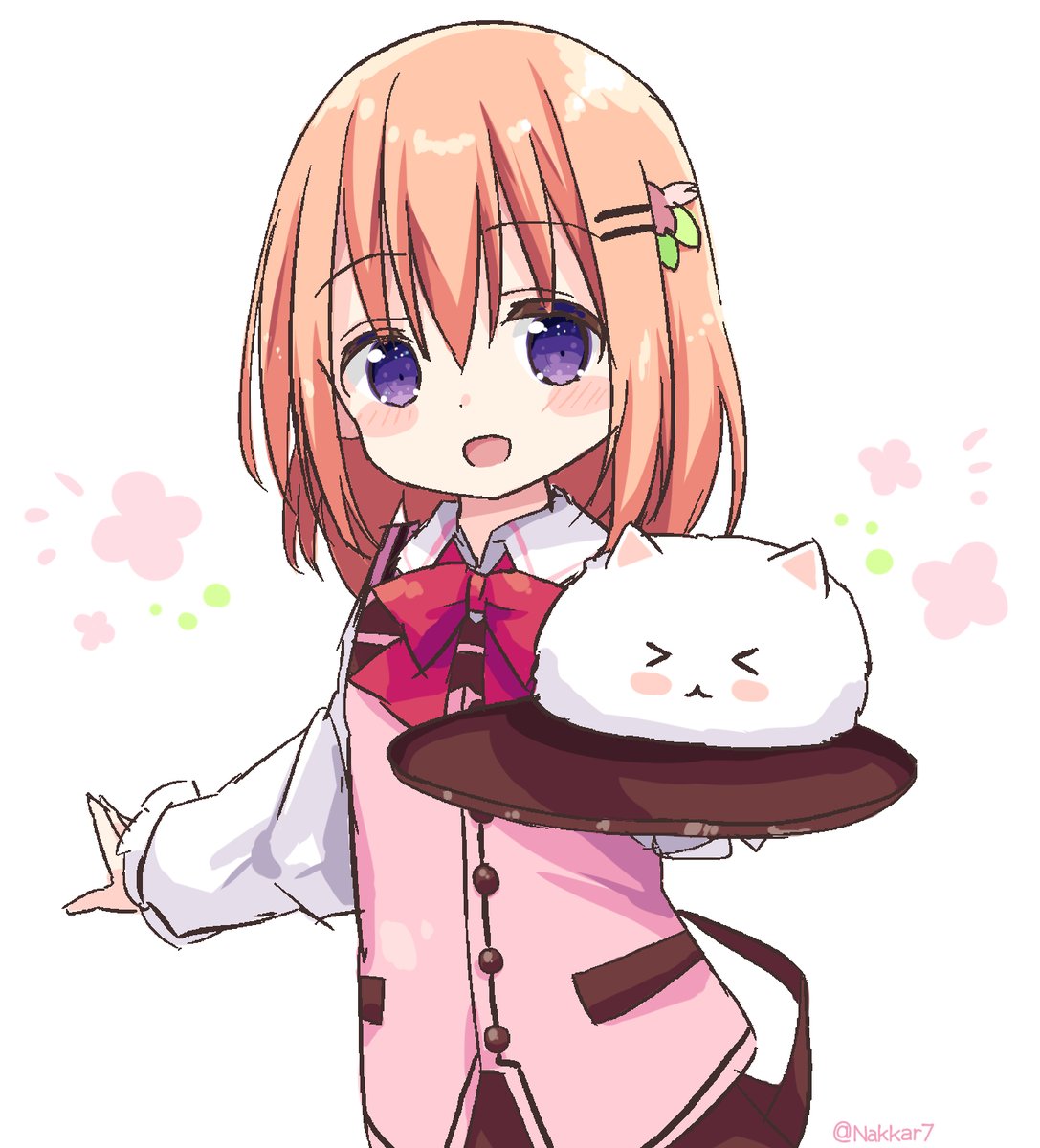 hoto cocoa ,tippy (gochiusa) 1girl pink vest rabbit house uniform purple eyes tray shirt smile  illustration images