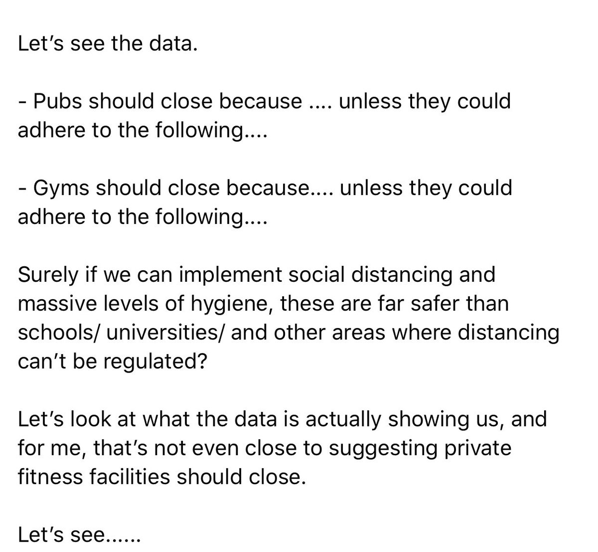 The three C’s: crowded spaces, close contact and closed spaces. My facility doesn’t fit any of these, yet we were closed for 4 months with no review🤷‍♂️ #COVID19