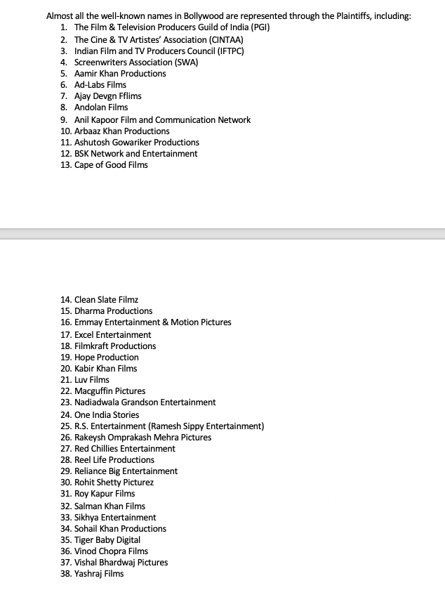The Plaintiffs include production houses of: @aamir_khan,  @ajaydevgn,  @AnilKapoor,  @arbaazSkhan ,  @DharmaMovies ,  @kabirkhankk,  @FarOutAkhtar,  @BeingSalmanKhan ,  @VVCFilms ,  @NGEMovies  @excelmovies  #SonOfBiharAwaitsJustice  #NoJustice4SSRNoVote