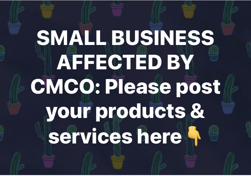surayaror's tweet photo. SMALL BUSINESS AFFECTED BY CMCO: Please post your products &amp; services here👇

If you have >1 year in savings, please be extra generous and help your fellow Malaysians by purchasing. Thank you so much 🙏 #RakyatJagaRakyat https://t.co/jgBboIBV91