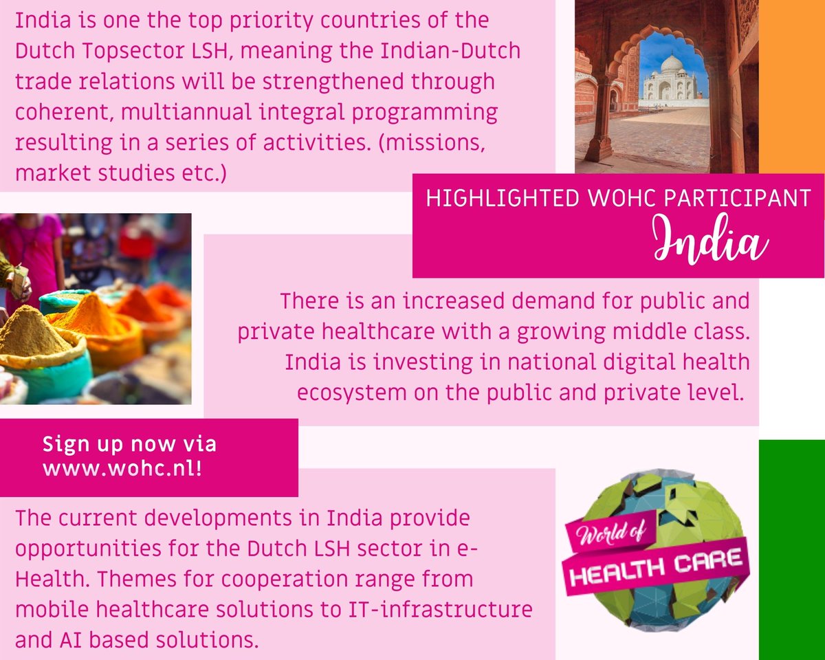 In The Spotlight - Countries Present: India! A high-level delegation of healthcare decision-makers from India will be present at the WoHC 2020. Sign up for the #WoHC2020 via wohc.nl to meet with them and more delegates from over 15 countries!