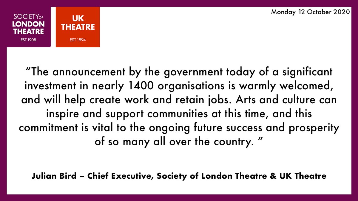 uk_theatre's tweet photo. A statement from Julian Bird, Chief Exec SOLT &amp; UKT about the Cultural Recovery Fund. #HereForCulture https://t.co/l70MWyUqJj