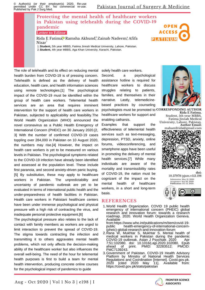 pakjsurgmed's tweet photo. Fatima RE, Akhund R, Nadeem Z, Nisar A. Protecting the mental health of healthcare workers in Pakistan using telehealth during the COVID-19 pandemic. Pak J Surg Med. 2020;1(3):e198. doi: 10.37978/pjsm.v1i3.198
https://t.co/0JrqUIDW9S
#PakAcademic
#PJSMV1I3 https://t.co/dnzWWKjF6p