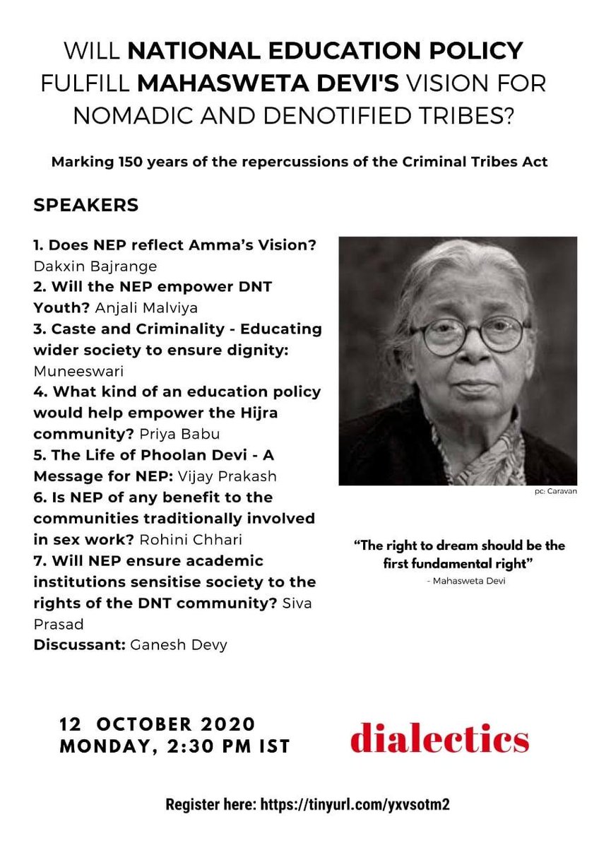 #NEP2020: what does it mean for the #denotified and #nomadic #tribes. 

Listening to Anjali, Rohini Chhari, <a href="/pradeep2004/">Pradeep Gupta</a>
<a href="/chharadakxin/">Dakxin Chhara</a> <a href="/Atishchhara/">Atish Indrekar</a> <a href="/VijayoceanVijay/">Vijay prakash</a>, Priya Babu, Siva Prasad and Ganesh Devy

Today at 2:30pm! 
Do join! 

Register at: tinyurl.com/yxvsotm2