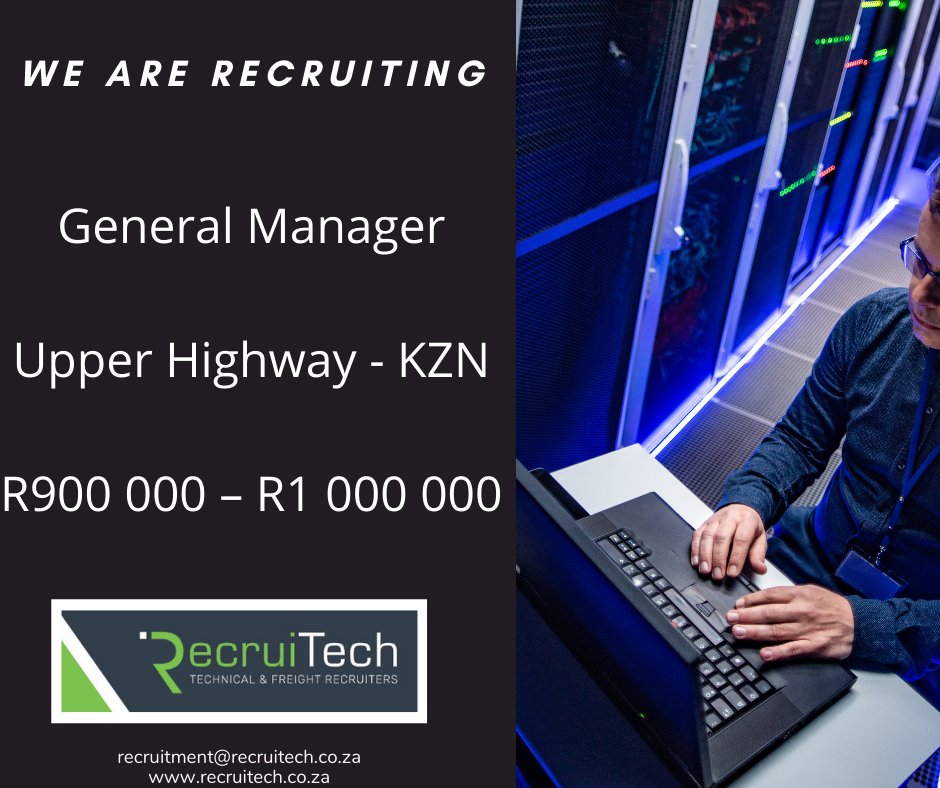 RecruiTech_SA's tweet photo. #RecruiTechJobs General Manager. UPPER HIGHWAY - KZN. R900 000 - R1 000 000. Apply online: https://t.co/iL8XdattJH or send your CV to: recruitment@recruitech.co.za.
#JobSeekersSA https://t.co/BTvdMf1EwM