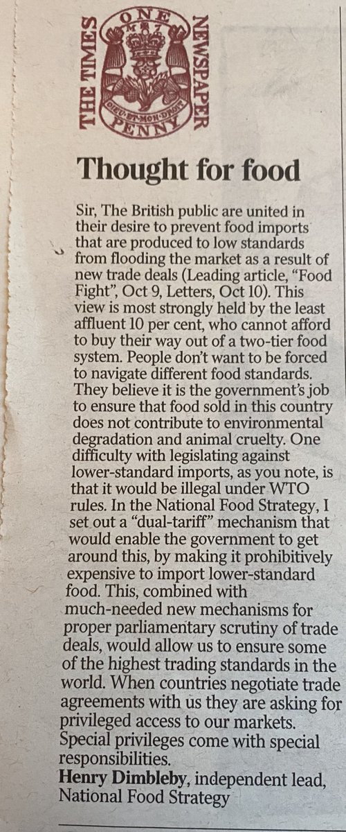 My letter to The Times this morning. Today is a critical day for our food system as The Agriculture Bill comes back to the Commons.