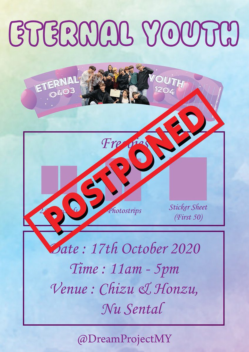 DreamProjectMY's tweet photo. [HELP RT]

Dear everyone, due to the rising cases of Covid-19 cases in Malaysia, @DreamProjectMY is sad to announce that we are going to postpone our #EternalYouthinKL and #PlaydateWithJimin. We will be announcing our new date in our further notice. Thank You. https://t.co/9M9WJVqFMR