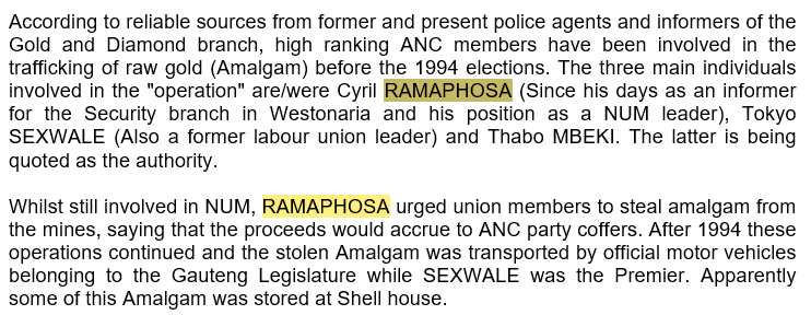 uMarhobane's tweet photo. There's a document available on wikileaks from an intelligence informant on the South African government from the Mbeki era. It accuses Ramaphosa of drug dealing, organised theft, and child abuse. 

Not sure what to make of it, tbh. https://t.co/jeyNiJxr4T https://t.co/EqSh2SNsLv