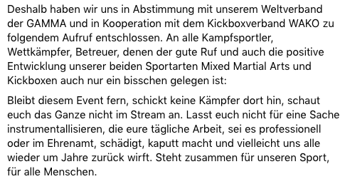 Die German Amateur MMA Federation (GAMMAF) hat alle Trainer*innen und Sportler*innen aufgerufen, #Neonazi-Events wie "Kampf der Nibelungen" zu meiden und nicht zu unterstützen. Wir begrüßen das ausdrücklich und freuen uns über Nachahmer!
#RunterVonDerMatte #KeinHandshakeMitNazis