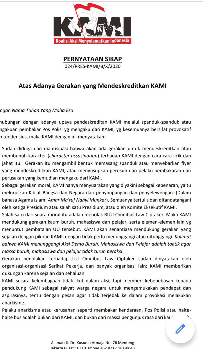 Pernyataan Sikap KAMI dalam menanggapi situasi terkini