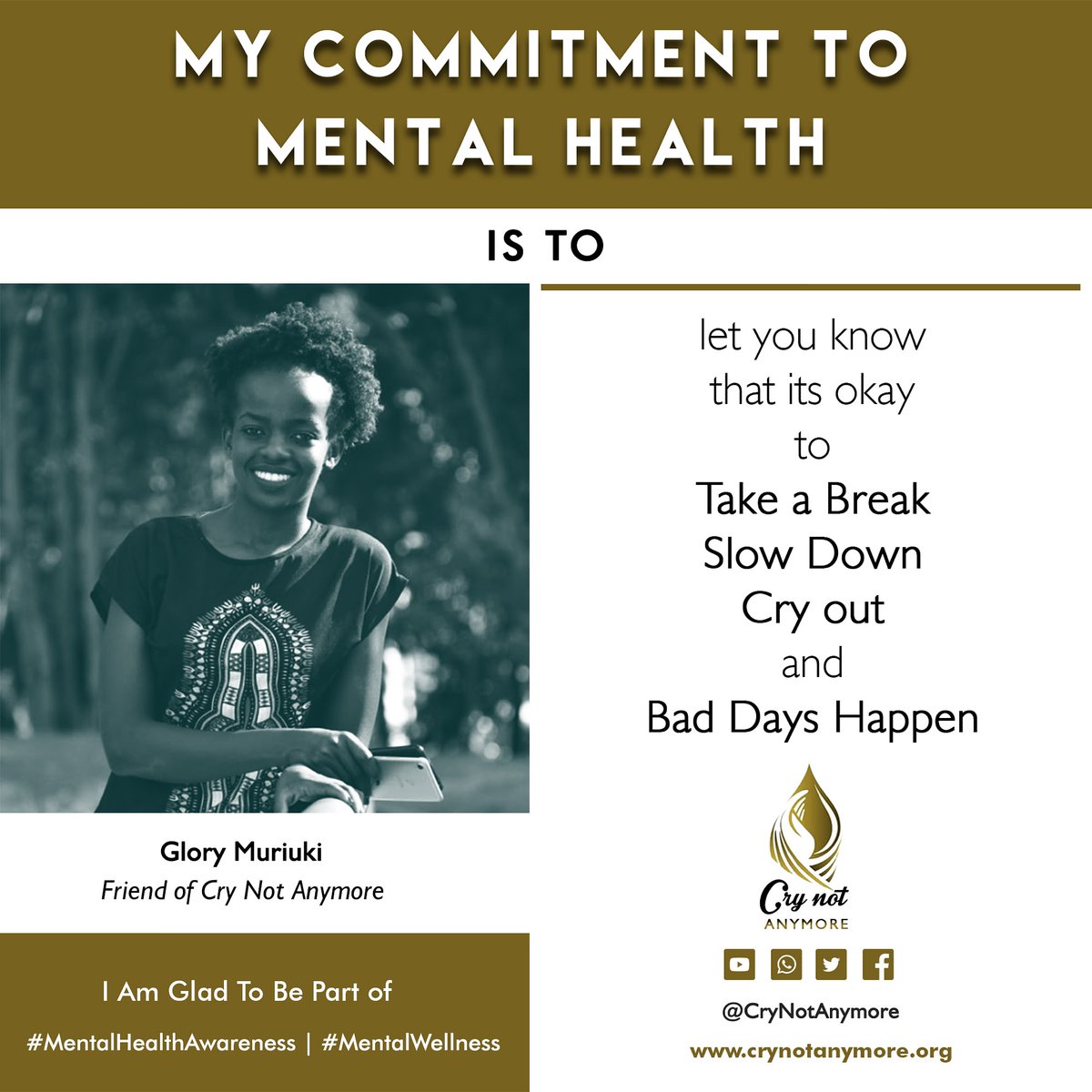 crynotanymore's tweet photo. It's okay to take a break .

Our friend Glory has made a commitment to let you know there is nothing wrong with taking a break and bad days happens and also good days are ahead.

#CryNotAnymore 
#MentalHealthAwareness 
#YouMatter 
#yourmentalhealthmatters https://t.co/r3Mux0kVSl