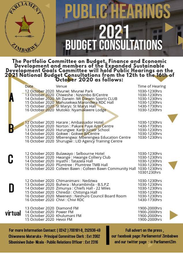 NAYOZimbabwe's tweet photo. #Publichearing ALERT
Be sure to attend and voice out as Youth at the Public Hearings on the 2021 Budget Consultations which begin today:
Mvurwi - at Mvurwi Park
Harare - at Ambassador Hotel
Bulawayo - at Selborne Hotel 
Chimanimani - at Nedziwa
#LeaveNoYouthBehind @euinzim @SAPST https://t.co/eHVeSKWnZ1