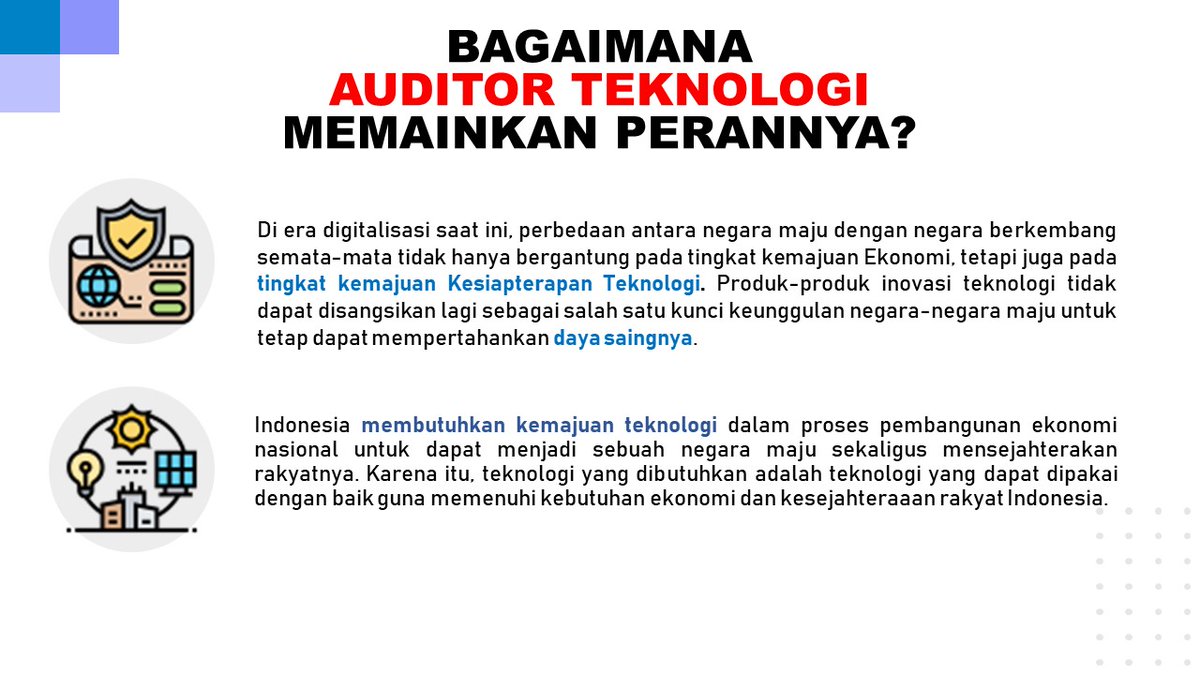 BPPT_RI's tweet photo. Salah satu #7PeranBPPT adalah #AuditTeknologi yang dibutuhkan untuk mengukur kesiapterapan teknologi tepat guna sebagai bagian dari percepatan kemandirian teknologi nasional. #EngineOfGrowth. https://t.co/ohSM82tZZS
