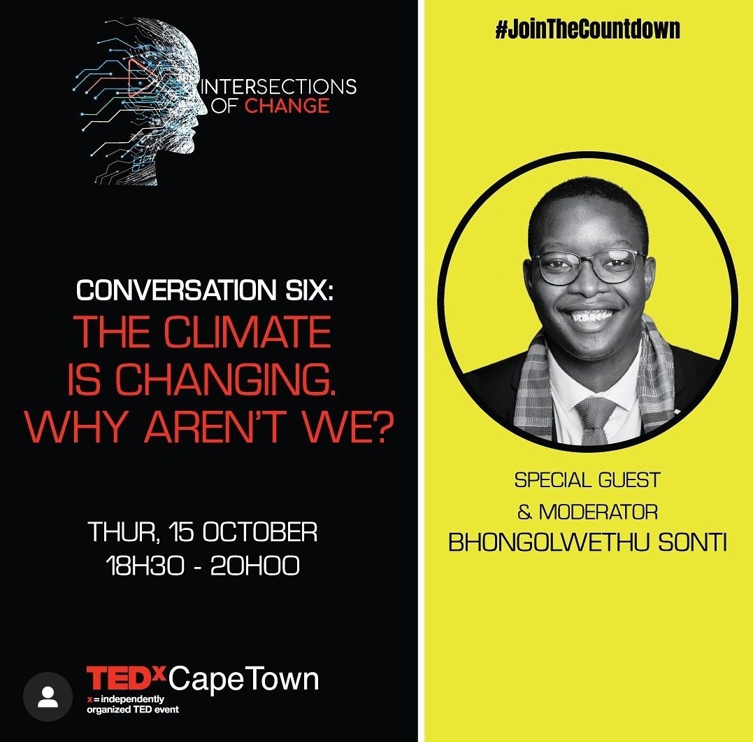 Sign up and join us this week to learn how our panelists are applying themselves to be the solution to #ClimateChange . 
You won’t want to miss this free event. bit.ly/IOC6registrati… 💬

#TEDxCapeTown #IdeasWorthSpreading #TEDxCT #IOC #SouthAfrica  #JoinTheCountdown