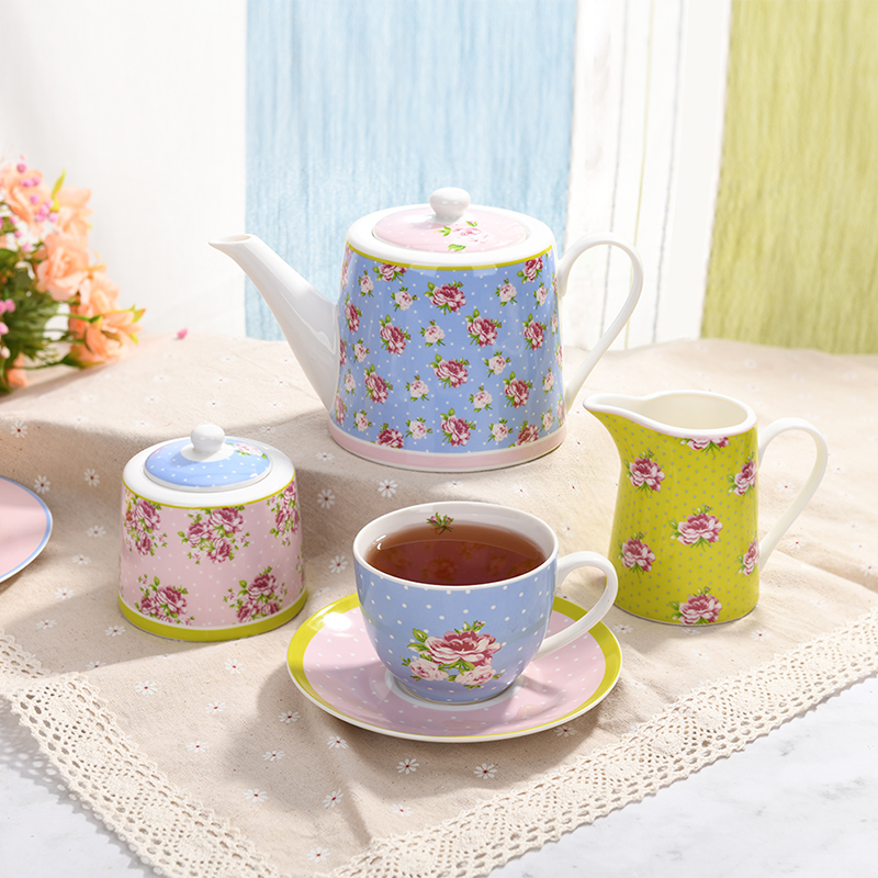 New design, spring floral series afternoon tea set, light blue, yellow and pink teapot, creamer, sugar pot, and cup and saucer, enjoy your tea party.#teatime #teaparty, #teaset, #ceramic #porcelain #magnoble, #magnobletableare, #cupandsaucer, #tea, #floralcup, #magnobleware