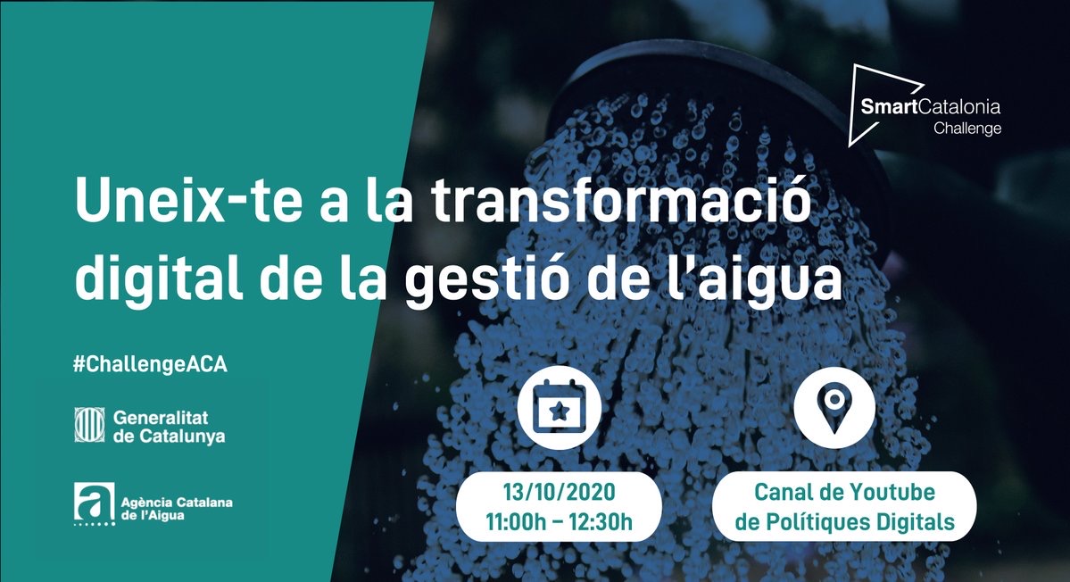Demà, a partir de les 13h i digitalment, participa en l’ #SmartCatalonia Challenge, promogut per <a href="/tic/">TIC Catalunya</a> i <a href="/aigua_cat/">ACA</a>. En aquesta 7a edició es presentaran els principals reptes en el cicle de l’aigua. Més informació aquí: smartcatalonia.gencat.cat/ca/projectes/c… #ChallengeACA