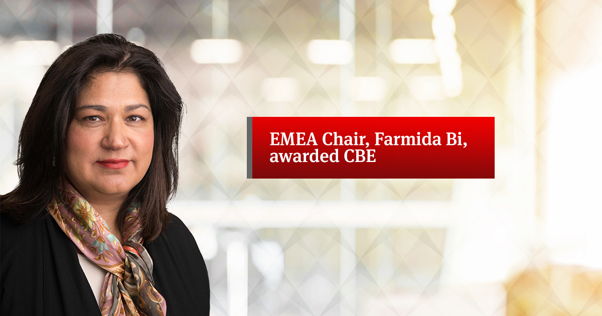NLawGlobal's tweet photo. Farmida Bi, EMEA Chair, has been awarded a CBE in the Queen’s Birthday Honours 2020 for services to the legal profession and to charity. #Honours2020 https://t.co/nvhhrFp3lz https://t.co/Fp91EtQrYW
