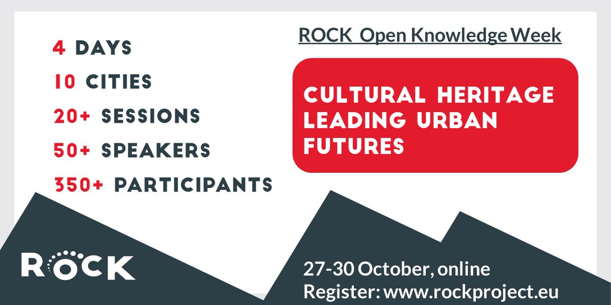 >350 participants registered for the ROCK #OpenKnowledgeWeek already❗️ 

Why❓ To join
 4 days
 10 cities
 20+ sessions
 50+ speakers
in discovering innovative #solutions for shaping #sustainable, #heritage-led urban futures.

27-30 October. 
🔴Register: rockproject.eu/ROCK-open-know…