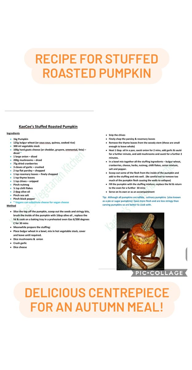 KCveggiekitchen's tweet photo. Here's the recipe for Stuffed Roasted Pumpkin -a fantastic Halloween Centrepiece for your Autumn table and tastes amazing!! #kaeceesvegetariankitchen #vegetarianrecipe #veganrecipe #pumpkinrecipe #squashrecipe https://t.co/dHqej606K7