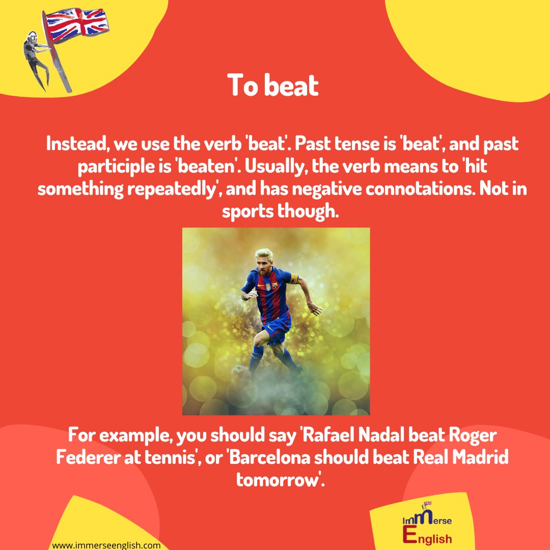 EnglishImmerse's tweet photo. Another one for the sports fans...
When discussing sports results, the MAJORITY of English language learners make this mistake.
Check it out.
#immerseenglish #immerseyourself #englishclass #studyenglish #learnenglish #freeenglishclass #readenglish #writeenglish #listenenglish https://t.co/D42b09Ms85