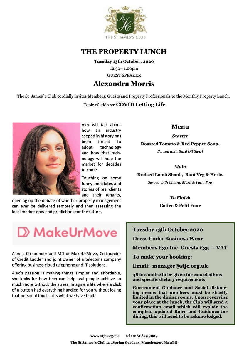 FPGProperty's tweet image. Last chance to grab a ticket to our monthly #propertylunch tomorrow. We have the fantastic @real_alexmorris of @makeurmove joining us as guest speaker. Covid guidelines in place.  Book in by contacting @theSJClub #networking #manchester