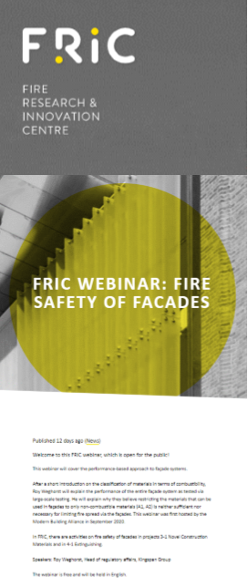 WEBINAR: #Fire Safety of #Façades organised by <a href="/FRICfirecentre/">FRIC Fire Research and Innovation Centre</a> 

👉19 october 13:00 CET

Registrations are still possible via: lnkd.in/gyusm2f

#FireSafety #facades #FireEngineering #Construction