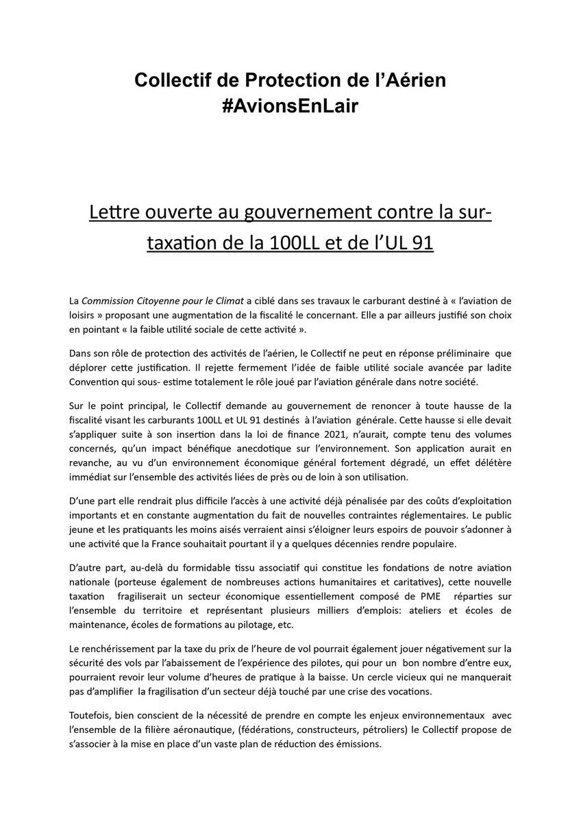 AgenceOzelys's tweet image. [A RELAYER] Le Collectif de Protection de l'Aérien publie une lettre ouverte au gouvernement contre la surtaxation de la 100LL et de l'UL91. 

Un site Internet est également ouvert : protectiondelaerien.fr

#AvionsEnLAir